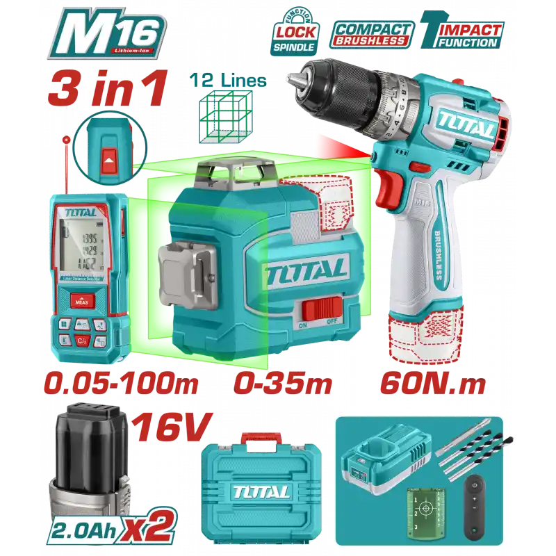 Total TOSLI250101E Darbeli Matkap+Lazer Metre+Lazer Hizalama Seti
