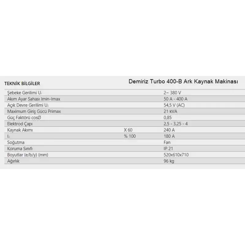 Demiriz T-400 B Turbo Ark Kaynak Makinesi