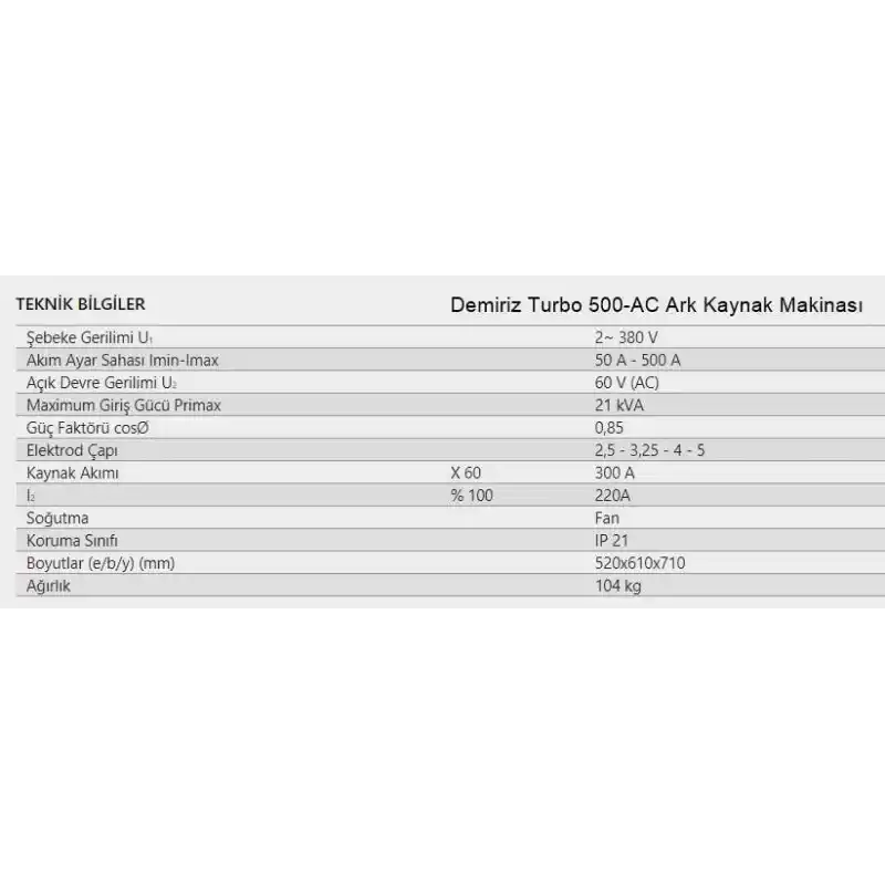 Demiriz Turbo 500-AC Ark Kaynak Makinası