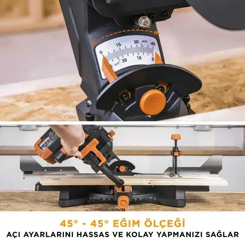 Evolution 053-0003B R255SMS-DB+ Çift Eğimli Kızaklı Bileşik Gönye Kesme Makinesi, 255mm