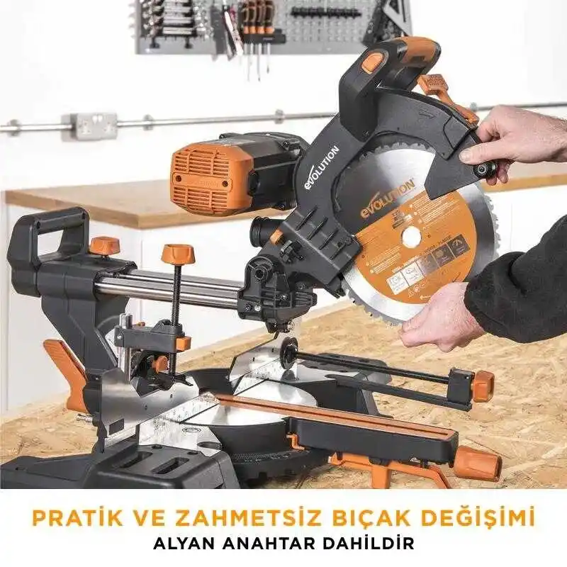 Evolution 053-0003B R255SMS-DB+ Çift Eğimli Kızaklı Bileşik Gönye Kesme Makinesi, 255mm