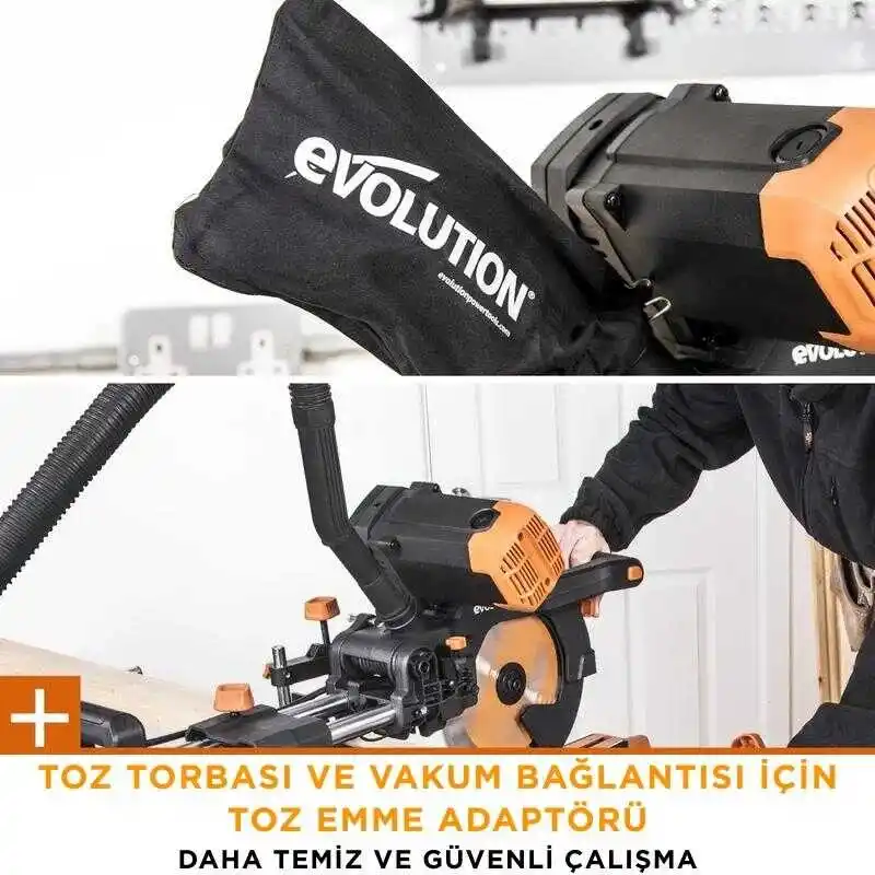 Evolution 053-0003B R255SMS-DB+ Çift Eğimli Kızaklı Bileşik Gönye Kesme Makinesi, 255mm