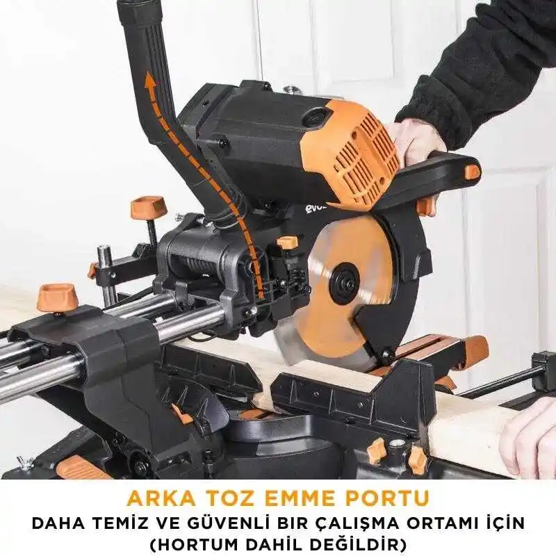 Evolution 053-0003B R255SMS-DB+ Çift Eğimli Kızaklı Bileşik Gönye Kesme Makinesi, 255mm
