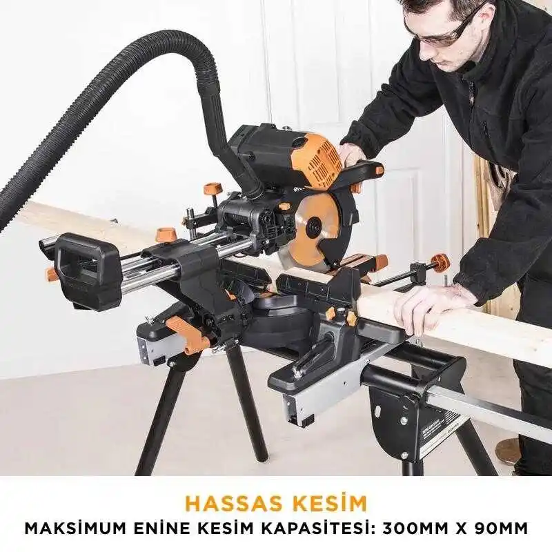 Evolution 053-0003B R255SMS-DB+ Çift Eğimli Kızaklı Bileşik Gönye Kesme Makinesi, 255mm