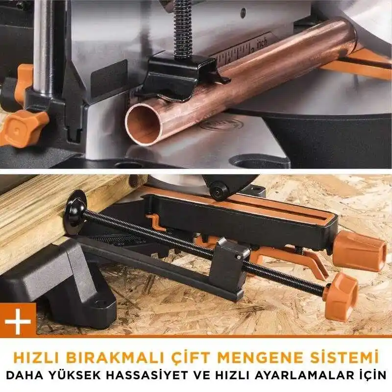 Evolution 053-0003B R255SMS-DB+ Çift Eğimli Kızaklı Bileşik Gönye Kesme Makinesi, 255mm