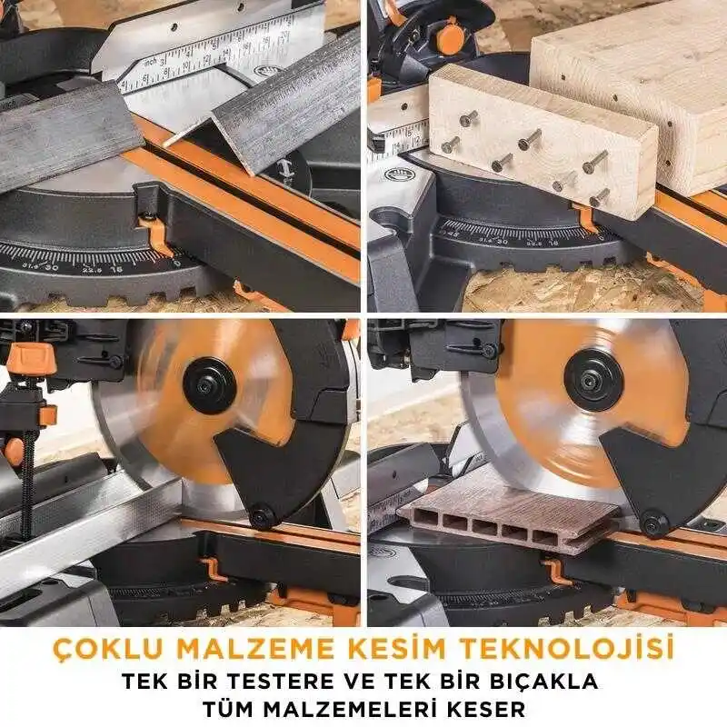 Evolution 053-0003B R255SMS-DB+ Çift Eğimli Kızaklı Bileşik Gönye Kesme Makinesi, 255mm