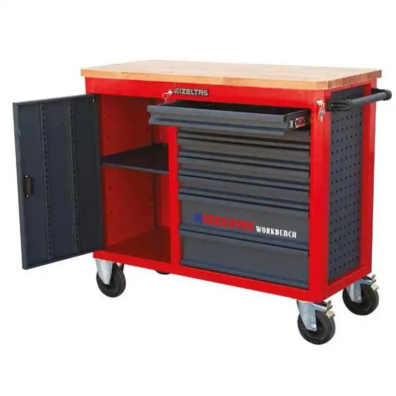 İzeltaş 8247321007 7 Çekmeceli xxl Serisi Üst Tablalı Kırmızı Gövde Gri Çekmece Boş Takım Arabası