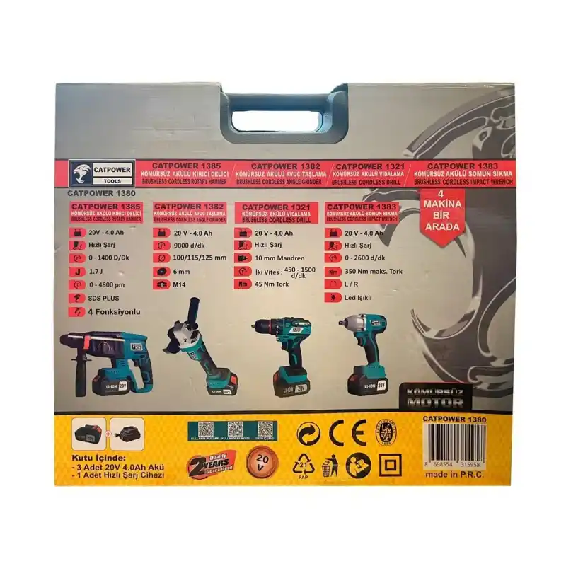 Catpower 1380 Akülü 4’lü Kırıcı Delici+Avuç Taşlama+Vidalama+Somun Sıkma Seti