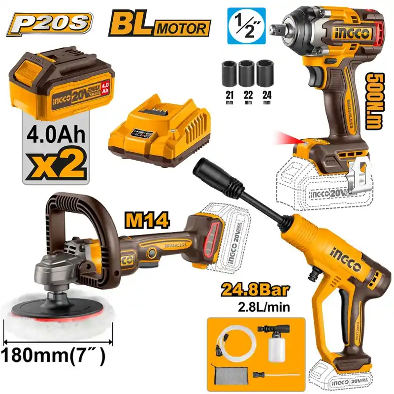 Ingco COSLI250184E Akülü Polisaj+Somun Sıkma+Araç Yıkama Seti
