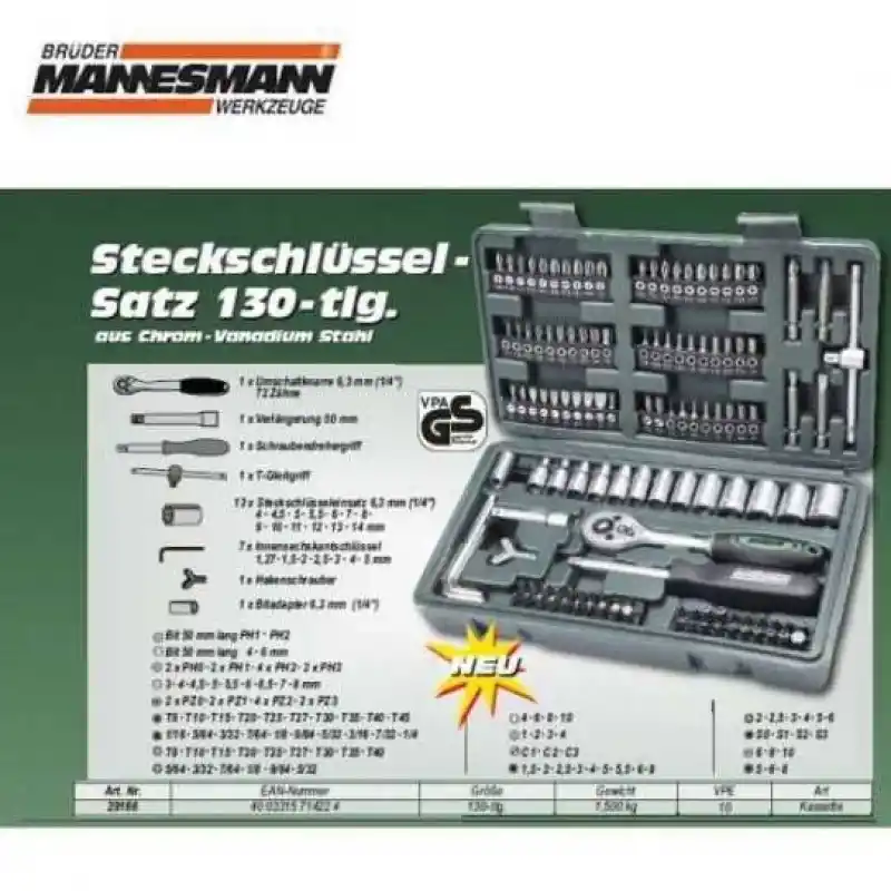 Mannesmann 29166 Lokma Anahtar Bits Uç Seti (130 Parça, 6.3 mm - 1/4 inç)
