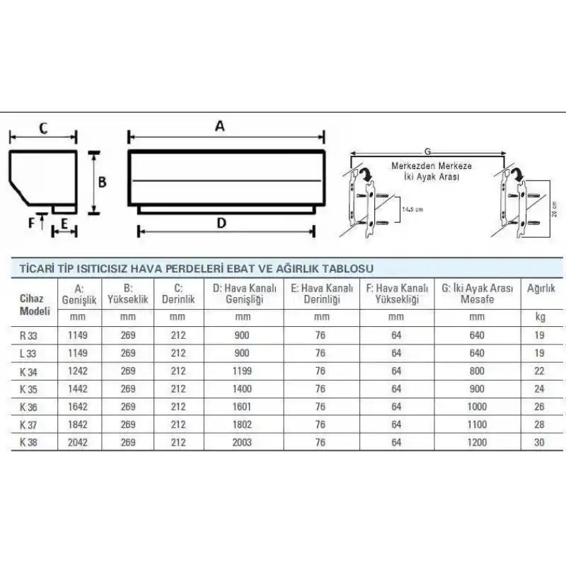 Olefini L-33 Ticari Tip 100 Cm Isıtıcısız Hava Perdesi