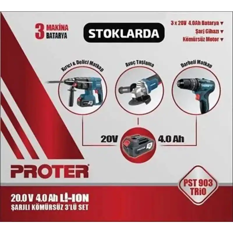 Proter PST 903 Trio Akülü Delici Kırıcı + Darbeli Matkap + Avuç Taşlama 3lü Set