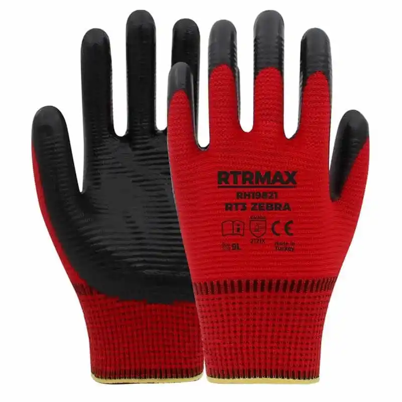 Rtrmax RH19821 RT3 NO:9 Nitril Kaplı Polyester Zebra Kırmızı Örgü Eldiven