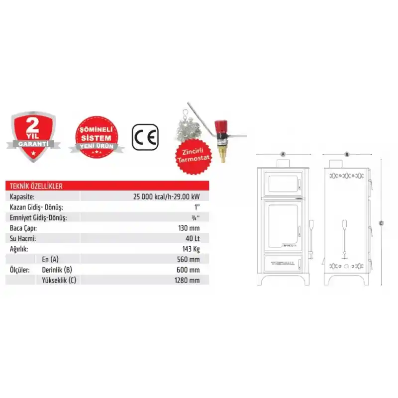 Thermall T-25 Dşk Dikey Şömine Fırınlı Kat Kalorifer Sobası