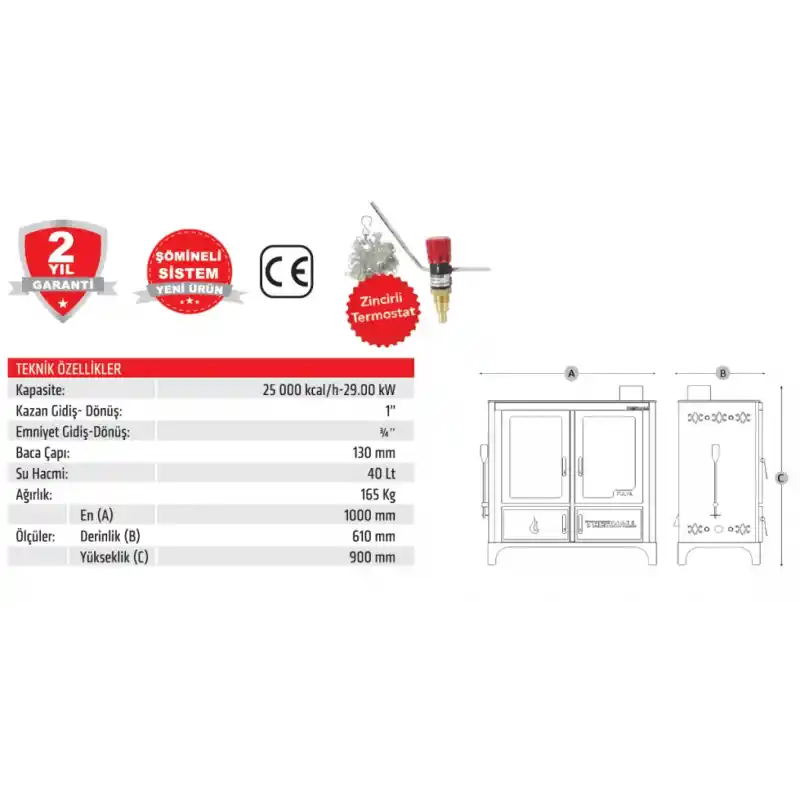 Thermall T-25 Yşk Şömineli Kuzineli Fırınlı Kat Kalorifer Sobası