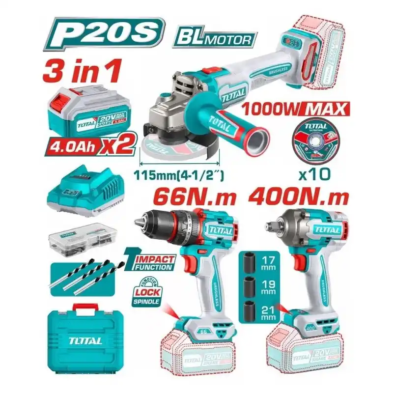 Total TOSLI241291E Darbeli Matkap+Avuç Taşlama+Somun Sıkma Seti