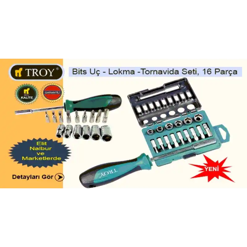 Troy 22316 Bits Uç-Lokma-Tornavida Seti, 16 Parça