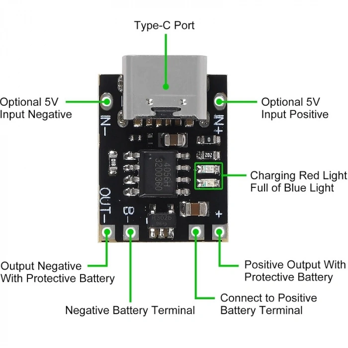 TP4056 3.7V Type-C Mini Tam Korumalı Pil Şarj Modülü