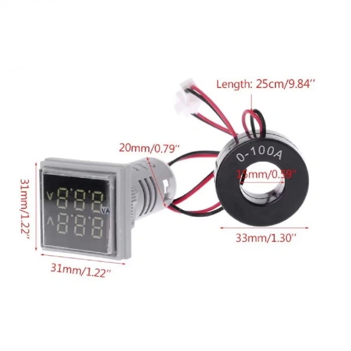 Ac 20-500v 100a Kare Dijital Voltmetre Ampermetre 220v Kırmızı Panel Montaj Led Gösterge Ekran Akım