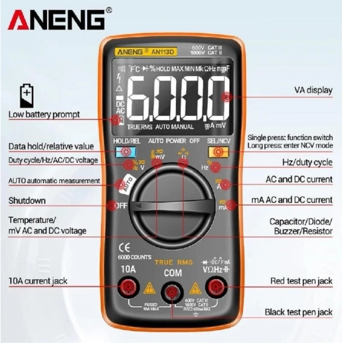 Akıllı Otomatik Ölçüm Gerçek Rms Dijital Multimetre Aneng AN113D - Siyah
