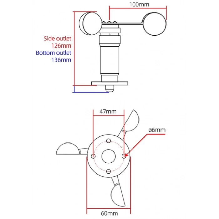 Rüzgar Hızı Ölçüm Sensörü 0-5 V Gerilim Çıkışlı (Anemometre)