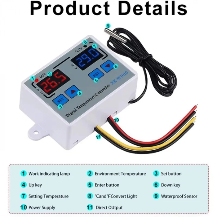 XK-W1010 Dijital Sıcaklık Kontrol Cihazı C/F 220V 10A Termostat Termometre