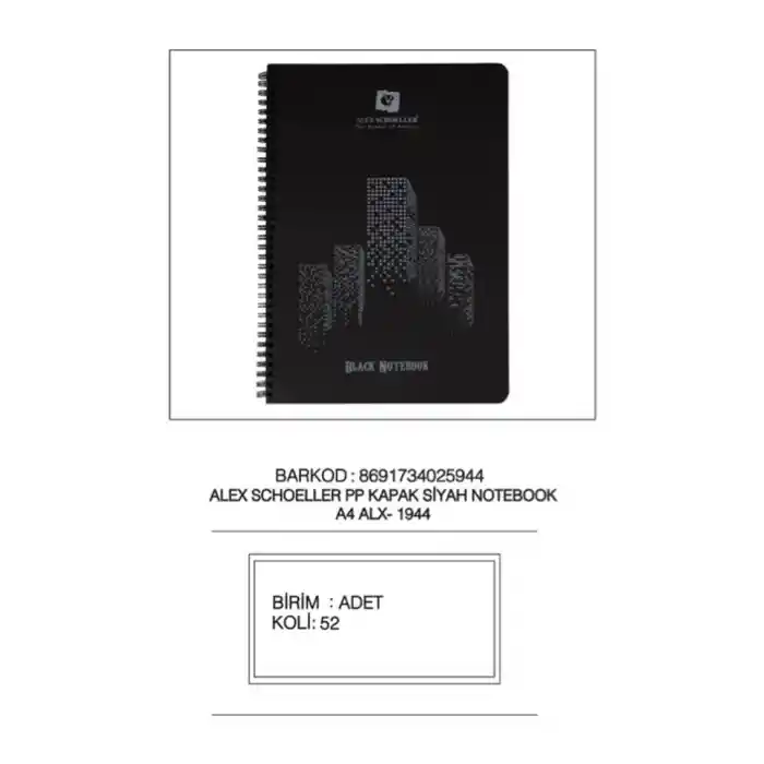 Alex A4 60 Yp Spr Pp Kapak Siyah Defter Alx-1944