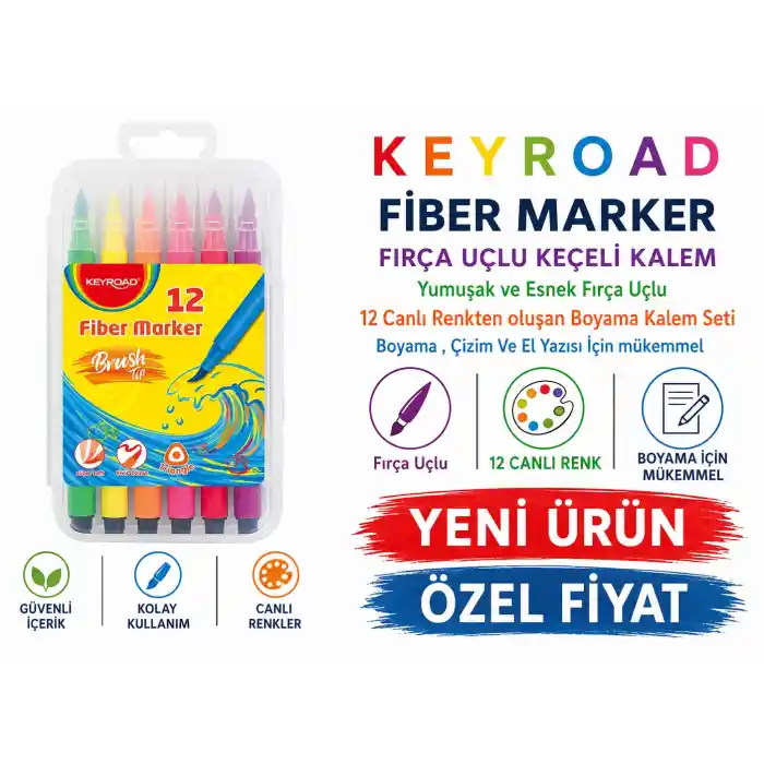 Keyroad Fiber Marker Fırça Uçlu Keçeli Kalem 12 Renk