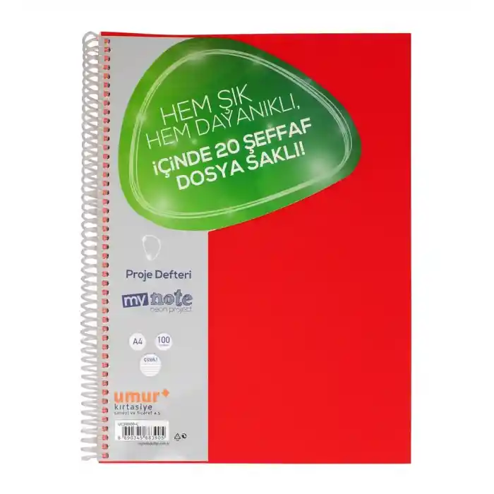 Mynote Neon 100 Yp. Çizgili Proje Defteri 20 Ad. Şeffaf Dosyalı *Renk Karışık Gönderilir*