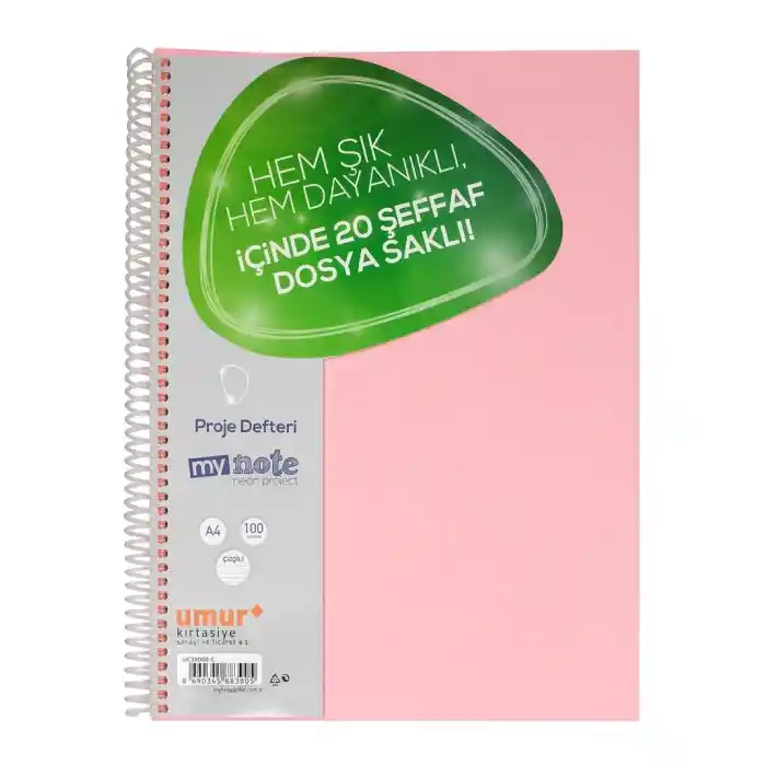 Mynote Neon 100 Yp. Çizgili Proje Defteri 20 Ad. Şeffaf Dosyalı *Renk Karışık Gönderilir*
