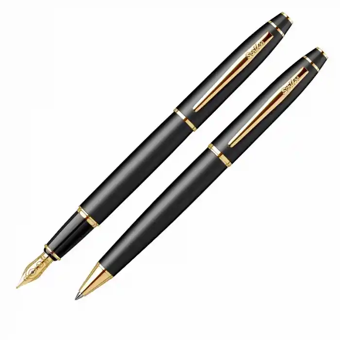 Scrikss 35 Mat Siyah Altın Tükenmez+dolma Kalem Set