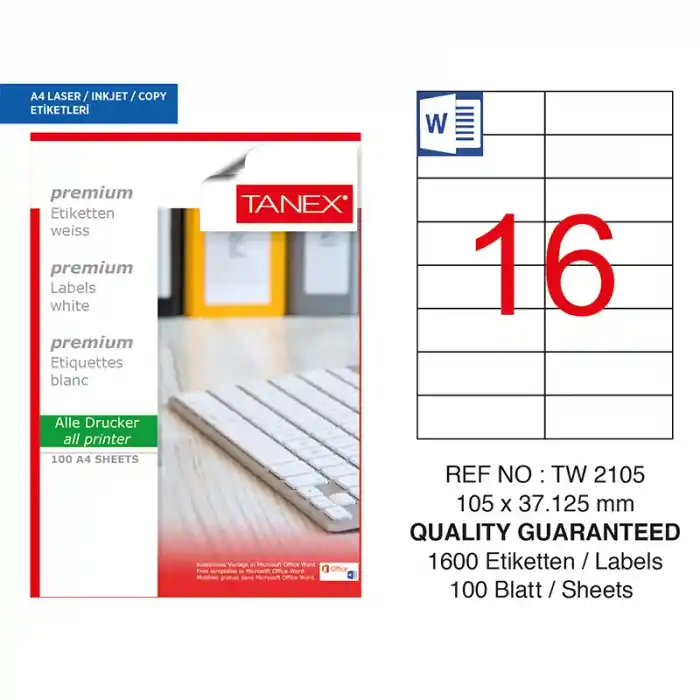 Tanex 105x37.125 Laser Etiket Tw-2105