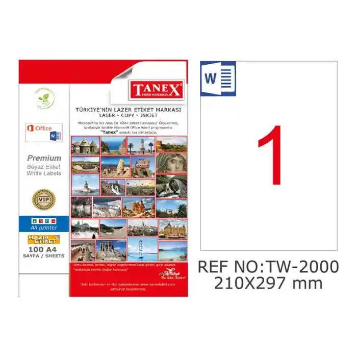 Tanex 210x297 Mm Kuşe Laser Etiket Tw-2000