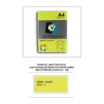Alex A4 Fosforlu Sarı Fotokopi .kağıdı 500 Lü Alx-763