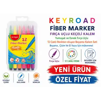 Keyroad Fiber Marker Fırça Uçlu Keçeli Kalem 12 Renk