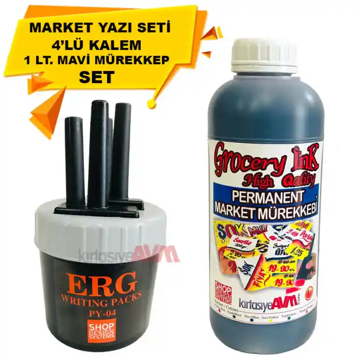 Market Kalemi 4lü Set + Market Yazı Mürekkebi Mavi Renk
