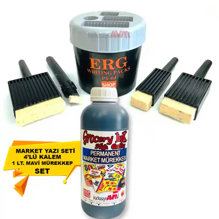 Market Kalemi 4lü Set + Market Yazı Mürekkebi Mavi Renk