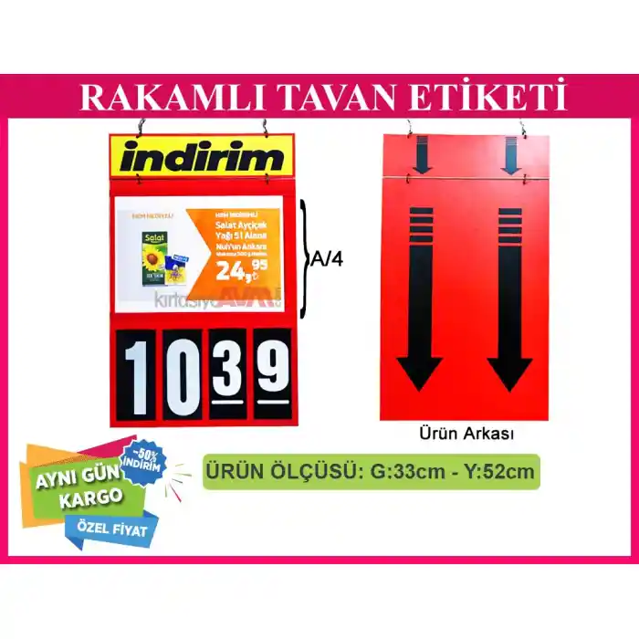 4 Haneli Rakamlı Tavan İndirim Etiketi Afişi 33x52 cm