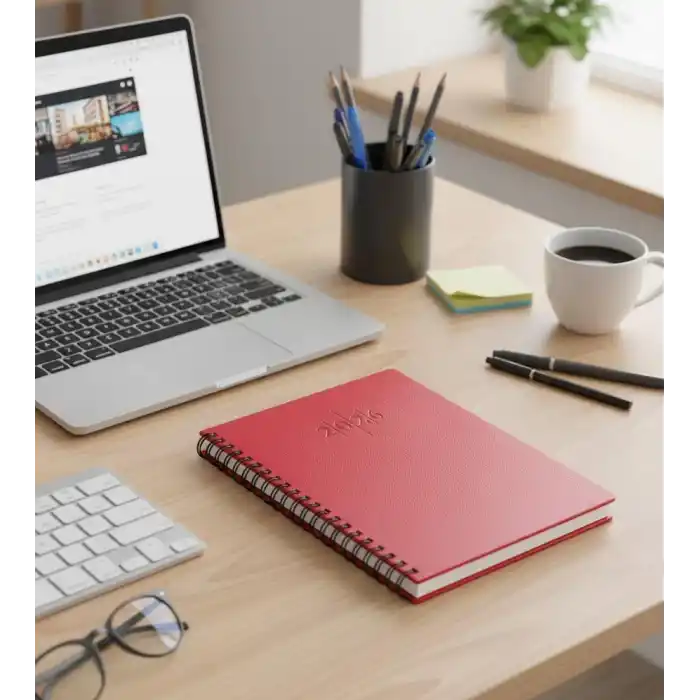 2026 Spiralli 20x28 Günlük Çizgili Ajanda Thermo Deri KIRMIZI Renk