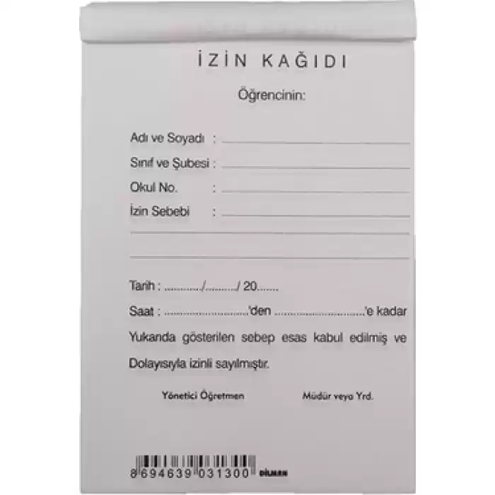 DİLMAN ÖĞRENCİ İZİN KAĞIDI 2 NÜSHA 50 YP. OTOKOPİLİ