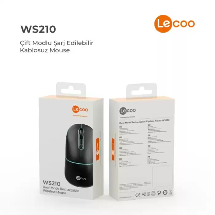 LECOO WS210 SİYAH BLUETOOTH & 2.4G WİFİ WİRELESS CHARGİNG  MOUSE