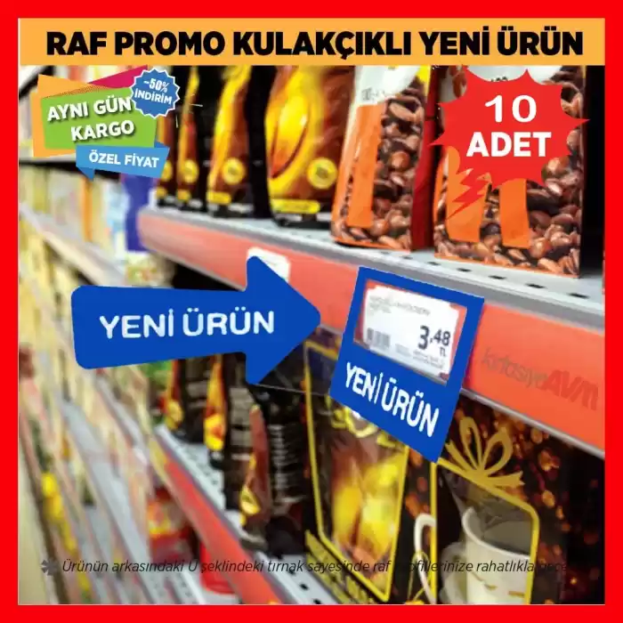 Market Raf Önü Yeni Ürün İkaz Kulakçık Etiketi PVC 10lu Paket