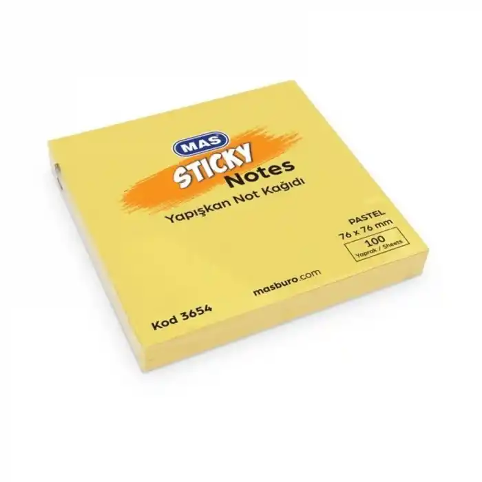 Mas 3654 Postit Pastel Sarı 76x76 100 Yp Yapışkanlı Not Kağıdı