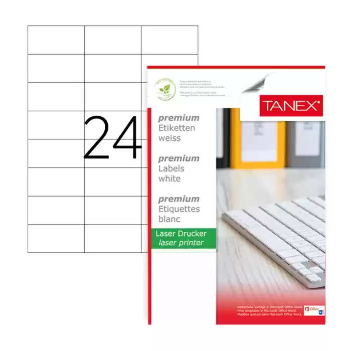 Tanex Tw-2037 Polyester Beyaz Laser Etiket 70x37,125 mm 25 Syf./600 Ad./Pk.