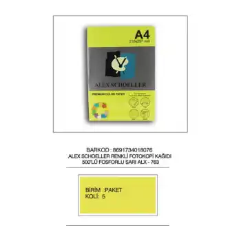 ALEX A4 FOSFORLU SARI FOTOKOPİ .KAĞIDI 500 LÜ ALX-763