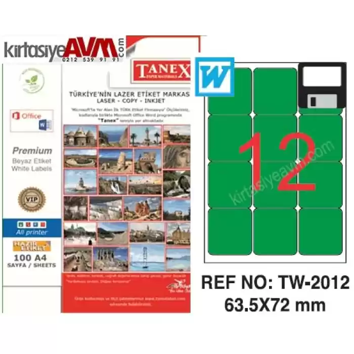 TANEX TW-2012 63,5x72 mm YEŞİL LASER ETİKET