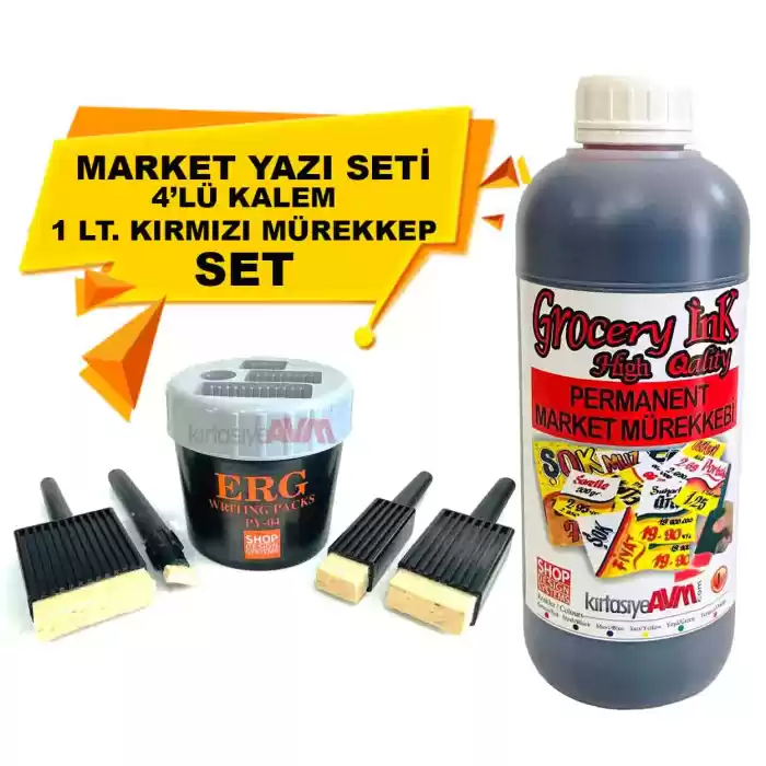 Market Kalemi 4lü Set + Market Yazı Mürekkebi Kırmızı Renk