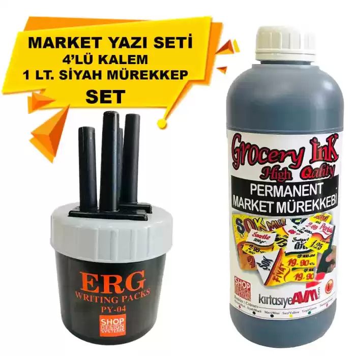 Market Kalemi 4lü Set + Market Yazı Mürekkebi Siyah Renk