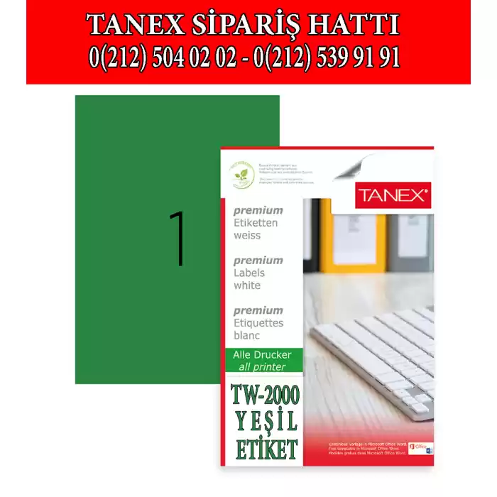 Tanex Tw-2000 A4 Yeşil Renk Laser Etiket 210x297 mm.Özel Üretim 100 Ad./Pk.