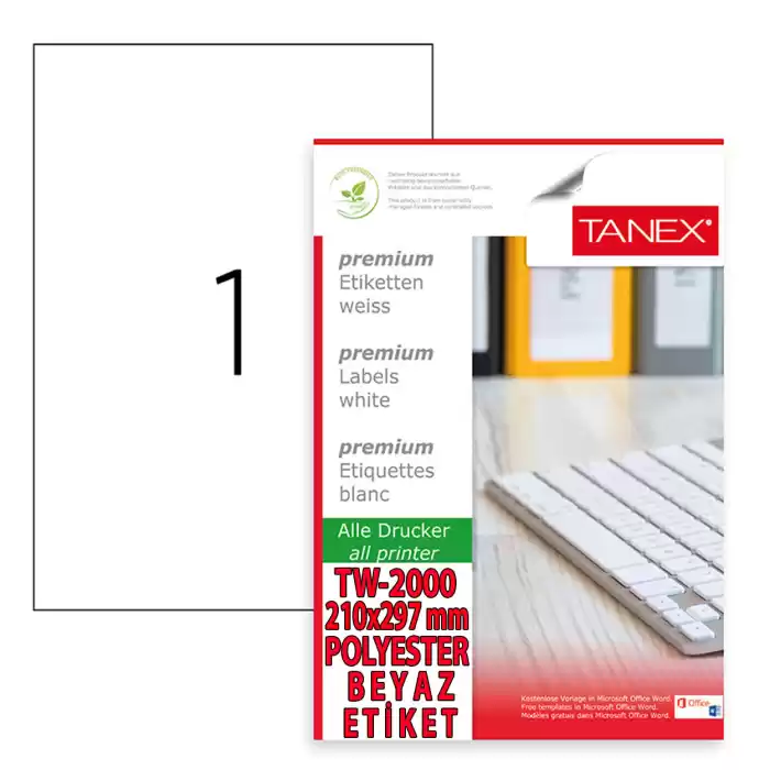 Tanex Tw-2000 A4 Polyester Beyaz Laser Etiket 210x297mm. 25 Ad./Pk
